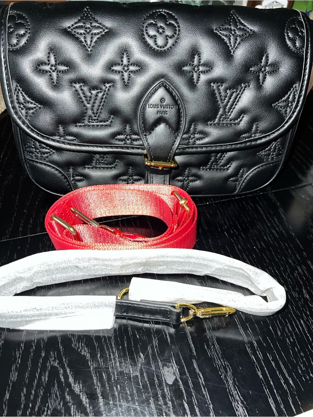 Black Embossed Inspired Leather Crossbody with Red Straps